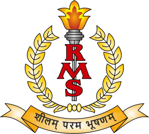 Rashtriya Military Schools circular emblem with flaming torch, crossed swords and laurel wreath