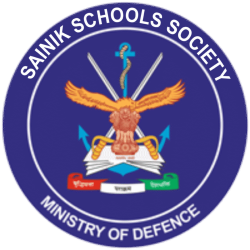 Sainik School Society circular blue emblem featuring crossed swords, book and national crest