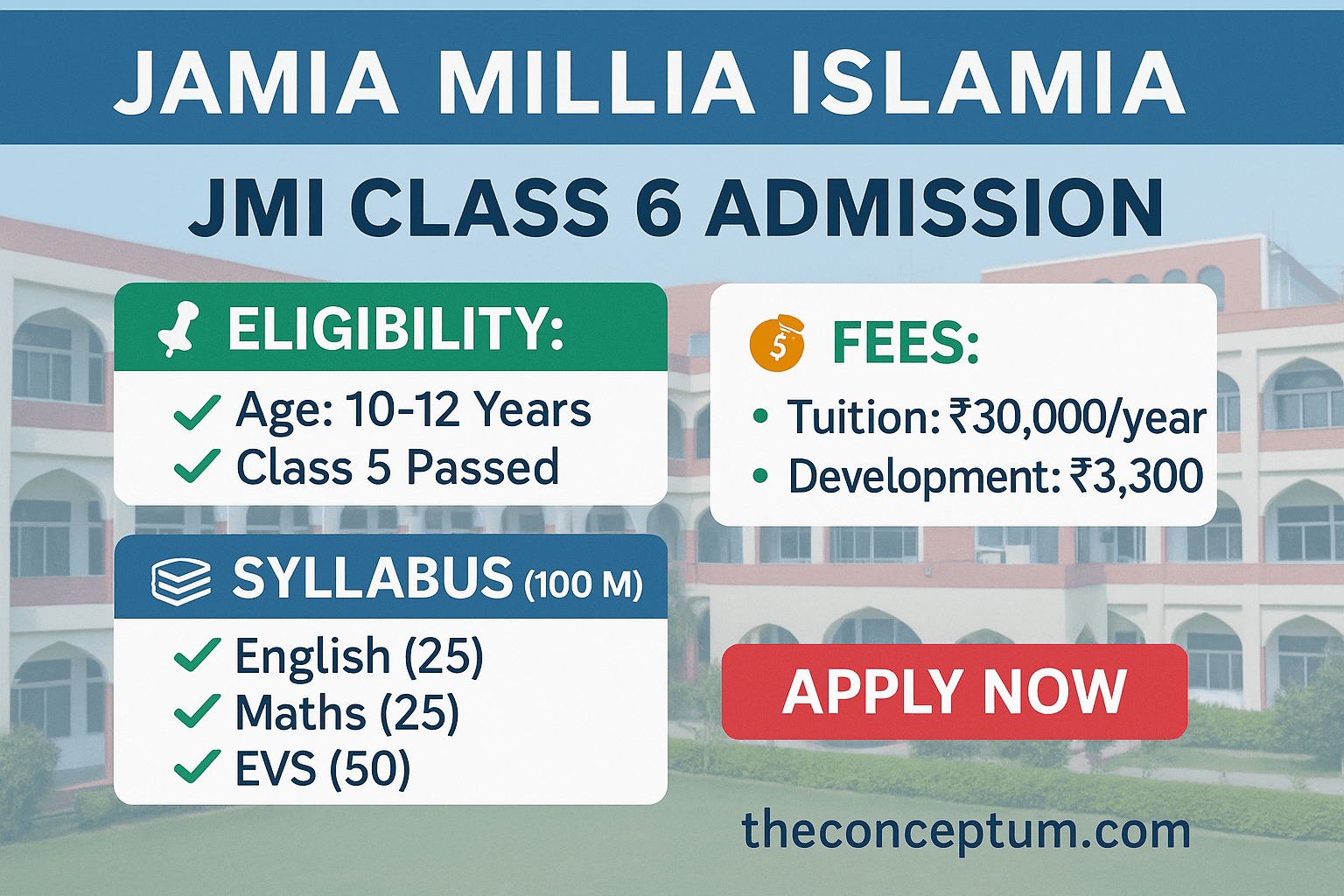 JMI Class 6 Admission 2024 complete guide with eligibility, syllabus (English, Maths, EVS) and fee details